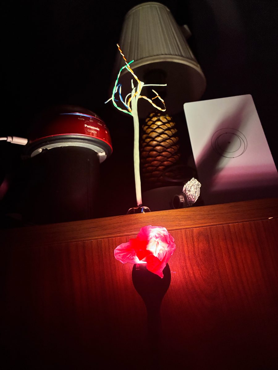 Desk night setup with wire tree and glow